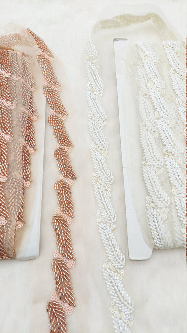 White Net Bridal Trim In White Beaded Leaf Embroidery, Hand Embroidered Bead Lace, Floral Embroidered Trim